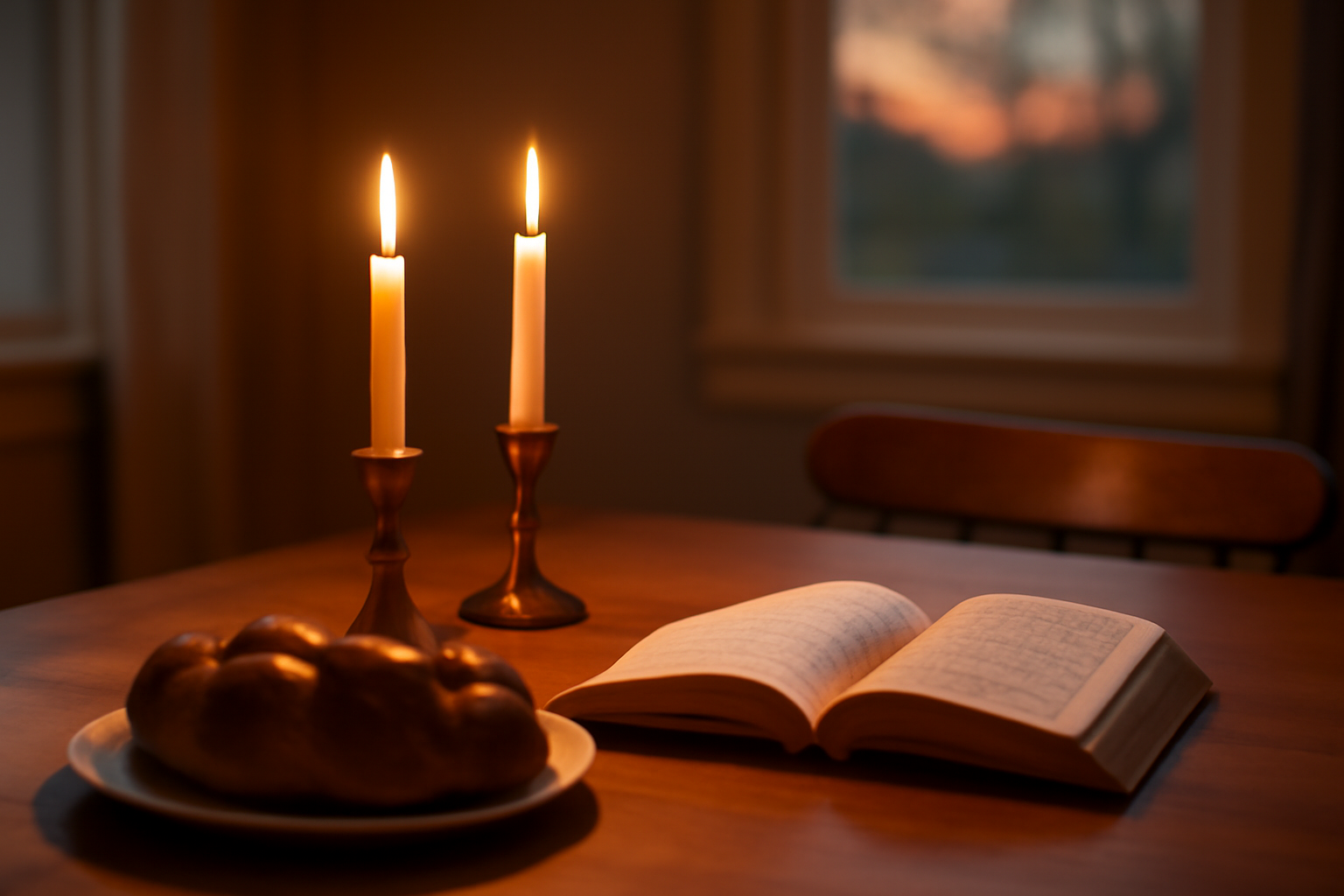 Meja makan dengan dua lilin menyala dan buku doa sebagai penanda Shabbat di rumah